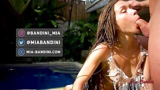 The beauty has sex with a guy in the pool, showcasing passionate intensity