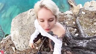 A cute girl passionately sucks her ex-boyfriend's dick on the shore