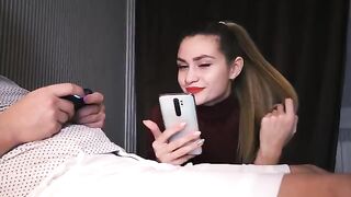 Babe caresses cock while playing PS4 with her mouth