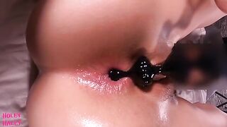 HoleyHaley’s ass gets gapped with a clear plug and beads