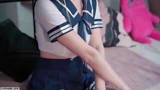 Cute schoolgirl style Japanese teen Eva Elfie gets fucked and receives a creampie