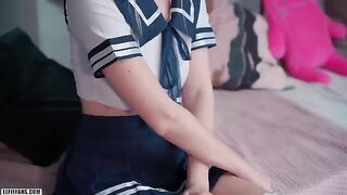 Cute schoolgirl style Japanese teen Eva Elfie gets fucked and receives a creampie