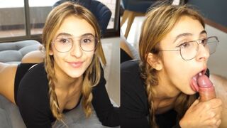A cute girl took a big dick in her throat and received a warm throat pie