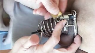 Prostate massage with shocking vibrator and cock estim for chastity
