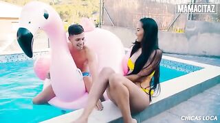 Petite brunette Andreina Deluxe gets her pussy pounded by a huge cock at the pool