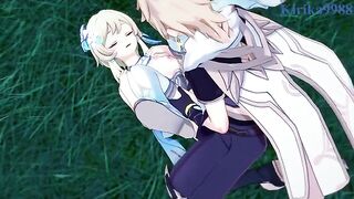 Aether and Futa Lumine fucked in the meadow at night in Genshin Impact style