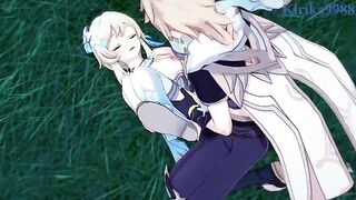 Aether and Futa Lumine fucked in the meadow at night in Genshin Impact style