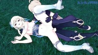 Aether and Futa Lumine fucked in the meadow at night in Genshin Impact style