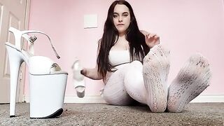 Hot brunette in white tights, foot worship and solo action