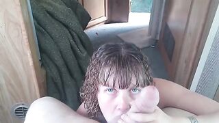 Lavender Joy shows her submissive side, deepthroating and taking cum in her mouth in a steamy POV scene