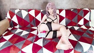 Babe Lina Moore caresses her pussy until she comes, showcasing her petite frame and pierced charm in a sensual solo performance
