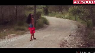 Petite brunette Alexa Tomas pisses in the street before giving a blowjob