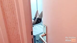 I spy on my stepsister as she masturbates, then offer her my cock and she accepts!