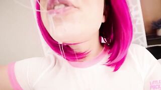 A pink-haired girl gets her face covered with cum multiple times