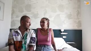 A couple on their first date at the hotel, diving into dirty talk