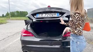 Hot girl buys a used car and fucks the seller in the car, dialogues in Italian