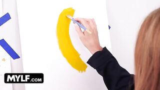 Artistic MILF with huge boobs seduces her nude painting male model hard