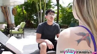 She got caught with a guy and now she is giving him a blowjob to keep him quiet