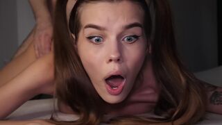 The cutie is having her tight ass stretched by a massive cock