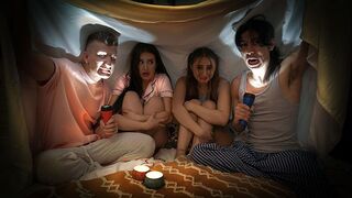 Two naughty boys scared and fucked their step sisters in a spooky story swap
