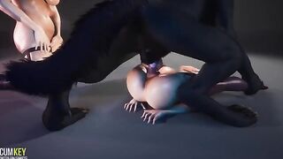 A couple of appetizing girls are pleasing a werewolf with sex