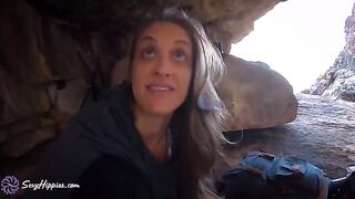 Hikers lost in the wilderness, getting fucked to keep warm in an outdoor scene