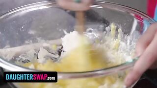Two stepdaughters are backing a pie for their dads, in a steamy scene