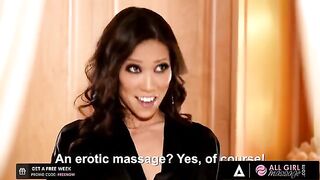 A sexy Asian masseuse oiled Mia Malkova’s body, rubbing her pussy with intense pleasure