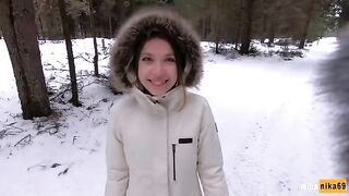 Babe fucked by a guy outdoors in the winter - pussy full of cum