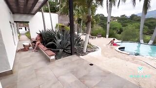 A girl is fucking with her BF and his stepsister by the pool