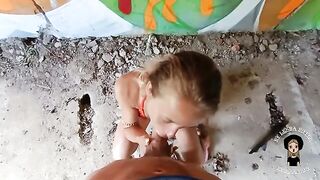 A young and beautiful blonde is fucking with a guy in the abandoned building
