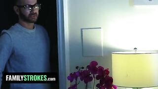 The stepdaughter pleases her stepdad while her stepmom is nearby