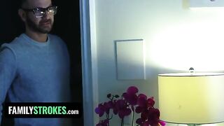 The stepdaughter pleases her stepdad while her stepmom is nearby