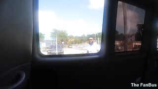 Hot Latina MILF Queen Rogue rides cock on a fan bus