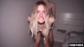 College girl gets manhandled by a blonde with big booty in dorm - Bleached Raw
