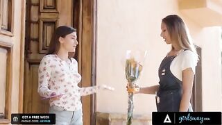 The flower shop owner gets horny and plays with her friend