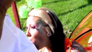 A sexy cosplay model with tattoos got fucked outdoors hard