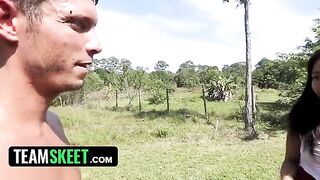 Ebony teen Adrian Maya gets fucked by a worker in the garden