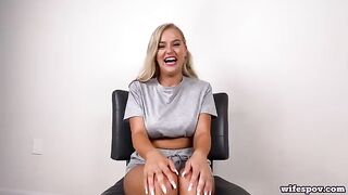 A blonde teen with big natural tits gets fucked on the bed