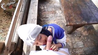A cute girl made blowjob for her photographer in nature after a photo shoot