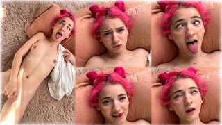 The cute girl plays with her pussy, showcasing her petite charm in a solo scene