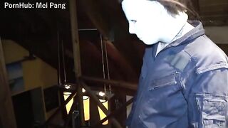 The devil is fucking a young girl in a scary costume