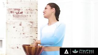 Busty hottie Bella Rolland massages pervert landlord, lets him pound her wet pussy