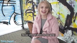 Blonde teen gets banged at the bus stop for cash