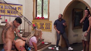 Busty MILF housekeeper gets fucked hard by frat boys
