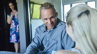 A hot step-daughter, Jane Wilde, rides her step-dad’s fat cock in a taboo scene