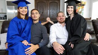 Step daddy educated his step daughters Hazel Heart and Remi Jones in sex for graduation