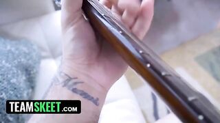 Two step sisters share a big cock in hot action