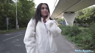 Petite British brunette nearly gets run over by taxi, has wild sex on streets