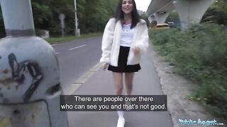 Petite British brunette nearly gets run over by taxi, has wild sex on streets
